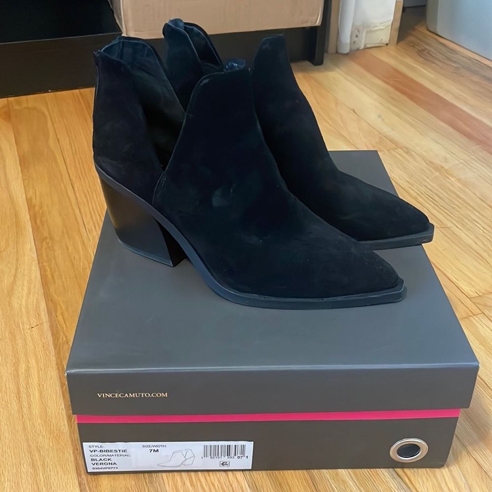 Vince Camuto Bibestie Black Suede Pointed Toe Cut Out Ankle Boots